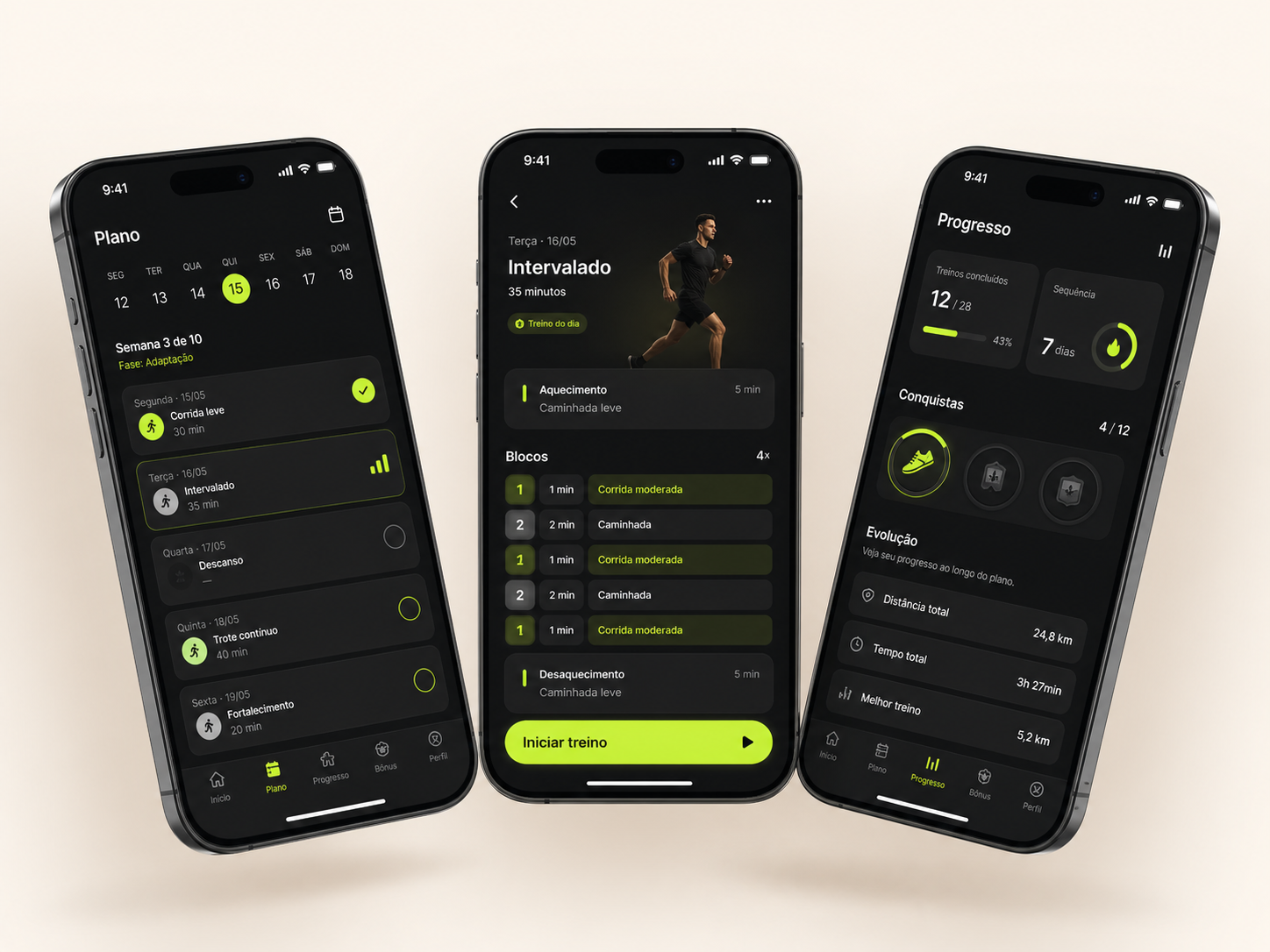 Telas do aplicativo PaceUp com plano, treino e progresso
