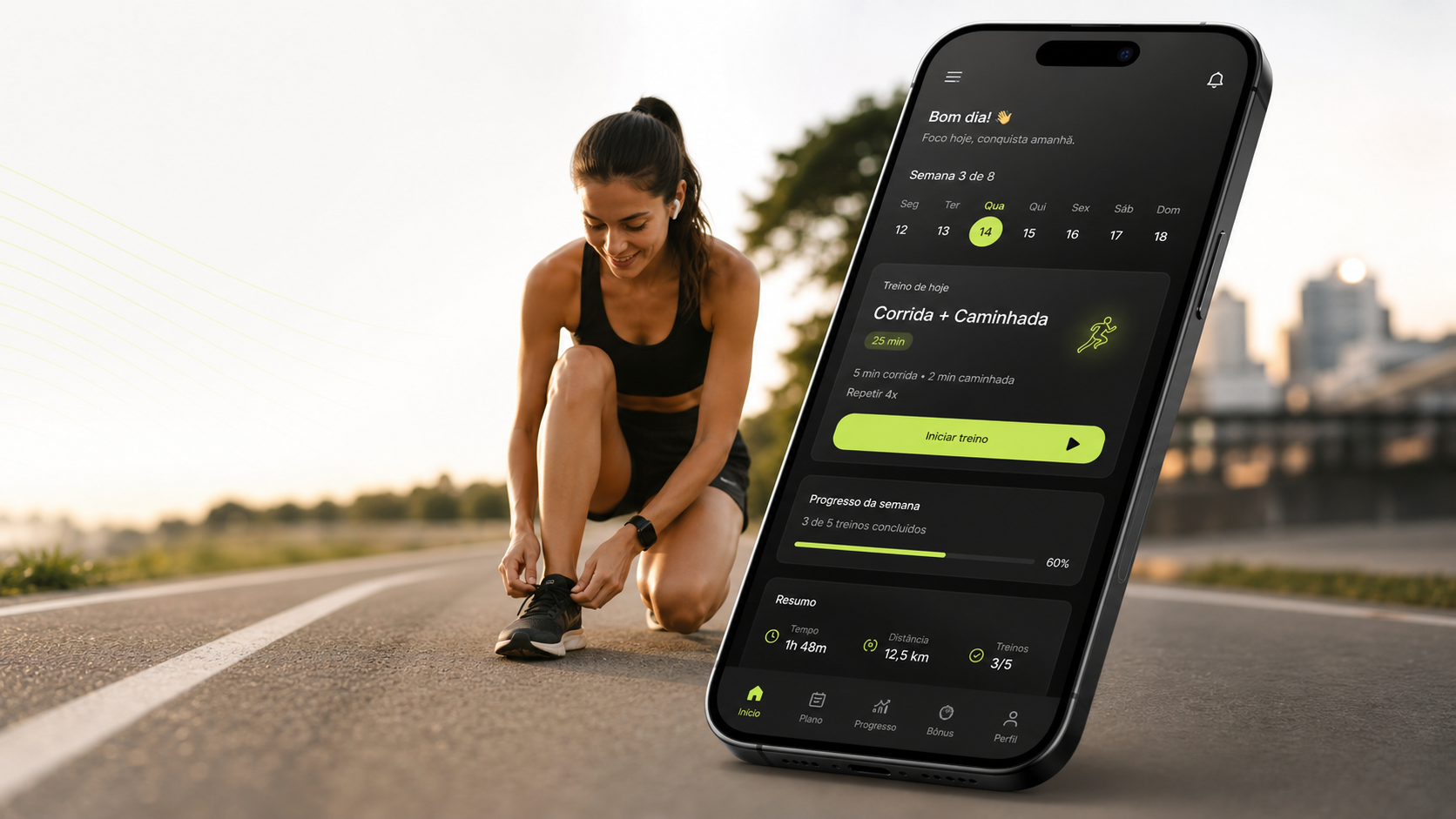 Aplicativo PaceUp no celular durante preparação para corrida