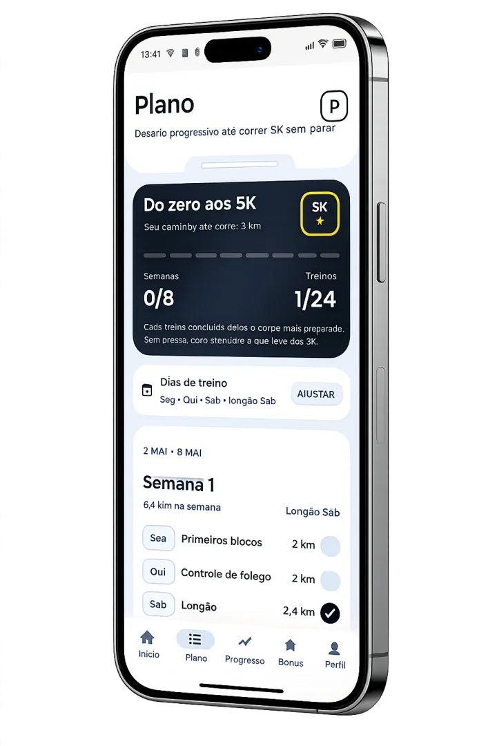 Tela do app PaceUp mostrando plano progressivo para correr 5KM