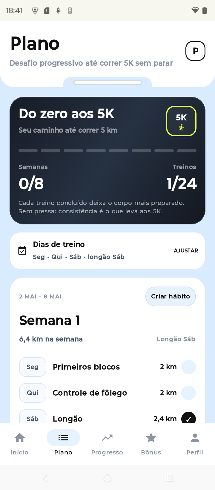 Tela de progresso do PaceUp